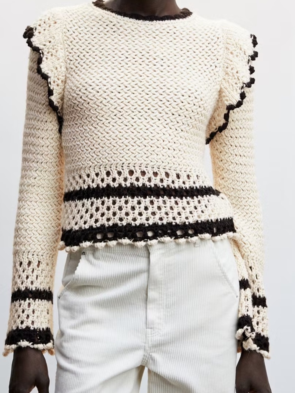 Mango Cream Knit Sweater with Black Trim